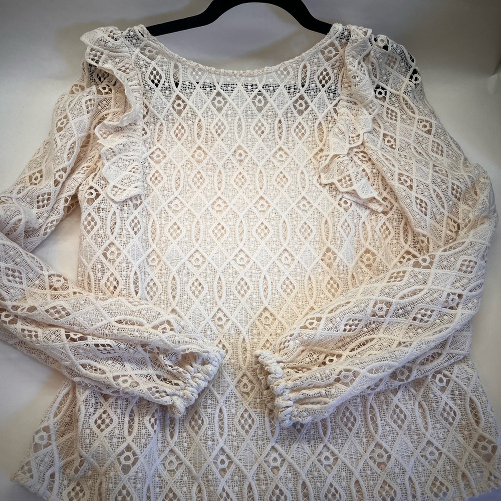 Cream Ruffled Smocked Blouse with Long Sleeves